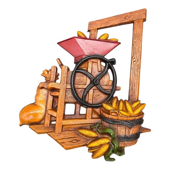 Set of 2 Homco Corn Hopper Apple Cider Press Metal Plaques Wall Sculptures Decor - Picture 7 of 12